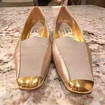 Vintage Women’s Flats Shoes 10.5 M Gold Toe Beige Slip On Low Heels Metallic • $49