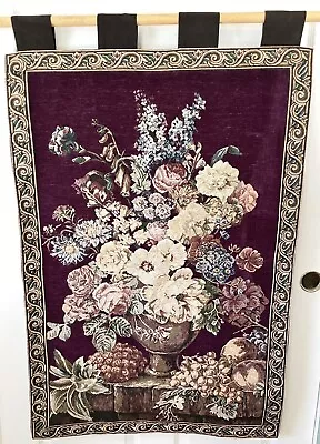 Vintage French Victorian Woven Floral Wall Hanging Tapestry Rod Pocket 45”x28” • $50