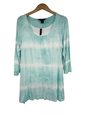 MiracleBody By Miraclesuit Blouse Blue Tie Dye Watercolor Slinky Layered Top L • $15.39