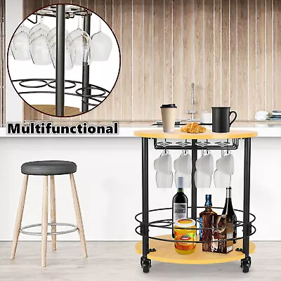 2-Tier Round Wooden Metal Frame End Table Tray Snack Table Coffee Table W/Wheels • £35.99