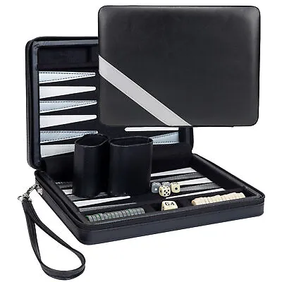 WE Games Travel Magnetic Backgammon Set Black With Grey Stripe Leatherette Case • $47.99