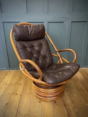 £280 • Buy Vintage Mid Century Bamboo Swivel Chair Bohemian Leather  Armchair