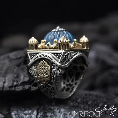 925 STERLING SILVER Men's Ring With Amber Stone Mosque Miniature/Blue Dome Model • $345.99