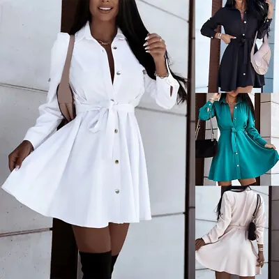 Womens Long Sleeve Shirt Dress Button Up Belted Ladies OL Work Casual Mini Dress • £4.69