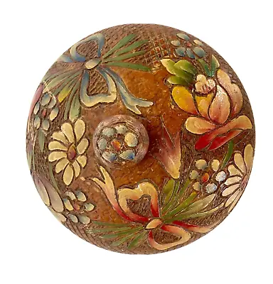 Vintage Hand Carved & Painted Round Pyrography Wood Trinket Box W/Lid - Lucano • $39