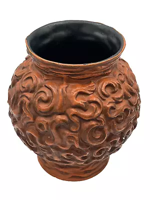 Haeger USA Pottery Orange Brown Round Vase 4081 MCM Art Deco Textured • $47.19