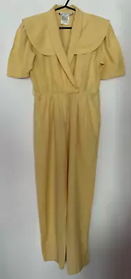 Vintage 80s Yellow Silk Noil Wrapover Taper Leg Collar Puff Sleeve Jumpsuit 12 • £22