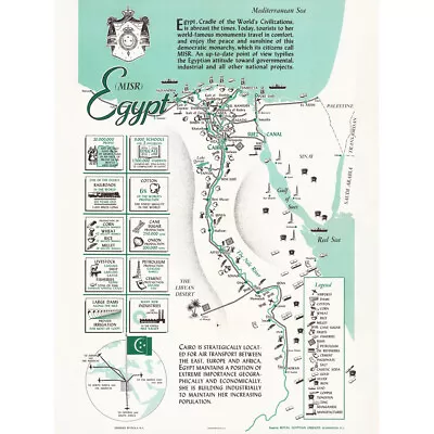 Map Egyptian 1949 Egypt Resources Industry Canvas Wall Art Print Poster • £13.99