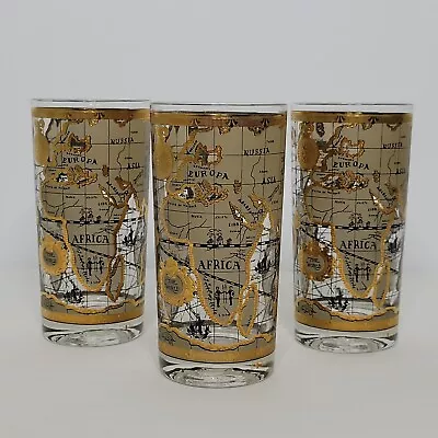 Set Of 3 MCM Vintage Cera Old World Map 22kt Gold Highball Barware Glasses • $40.01