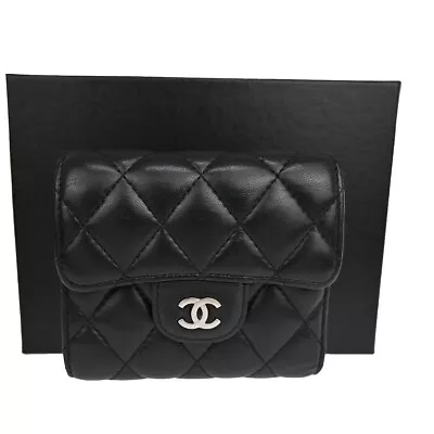 CHANEL CC Logo Matelasse Trifold Wallet Purse Leather Black SHW Italy 35RJ388 • $498