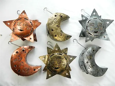 Metal Sun & Moon Garden Ornament Hanging Tea Light Holder - Assorted Colours • £14.99