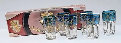 Fatima Moroccan Tea Glasses Blue Gold La Main De Fatima Set Of 6 • $55.46