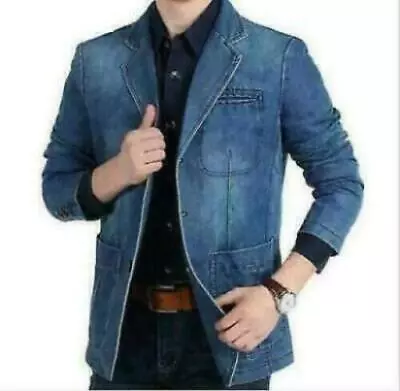 Fashion Mens Denim Blazer Slim Fit Lapel Jacket Outwear Casual Jeans Coats Suit • $54.99