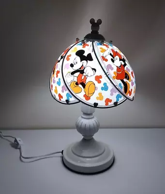 VTG Disney Mickey & Minnie Mouse Glass Panel Metal White Table Lamp W New Plug • $106.25