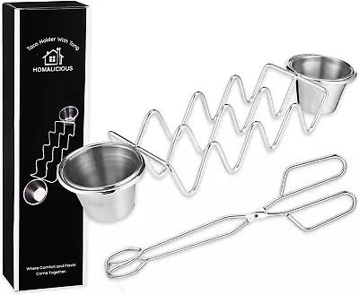 Taco Holder With Tong - Premium Stainless Steel Taco Holder With 2 Bonus Cups Fo • $21.55