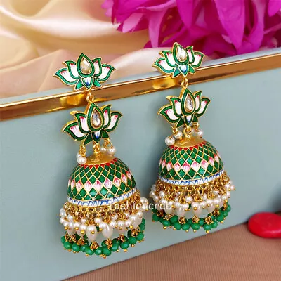 Indian Bollywood Style Dark Green Meenakari Lotus Jhumka Earring For Wedding • $19.95