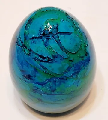 Mdina Blown Art Glass Green Aqua Turquoise Egg Shaped Paperweight Malta 3.25  • $39.99