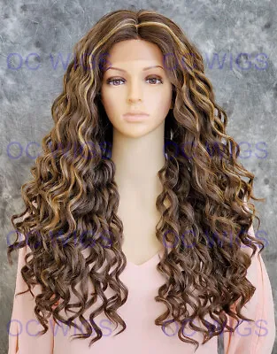 Long Wavy Curls Heat Safe Lace Front Human Hair Blend Wig Light Brown/Blond EVEF • $84.85