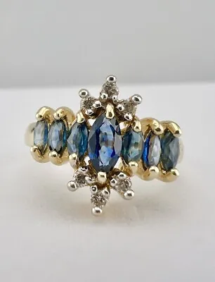 Designer 14k Yellow Gold Marquise Cut Blue Sapphire & Diamond Ring • $319