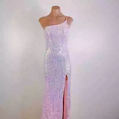 Prom Sequin One Shoulder Iridescent Sleeveless Slit Long Dress Lilac Pink Sz 7 M • $50