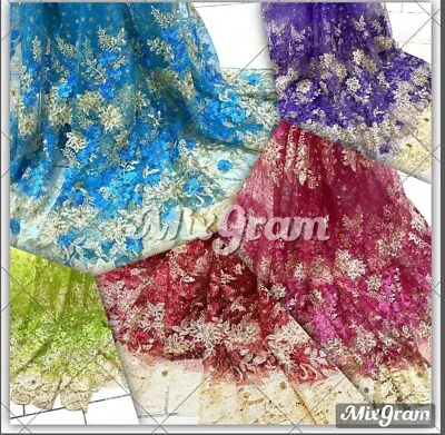 Sequins Floral Glitter Lace Net Fabric Wedding Dress Material 54'' • £1.20