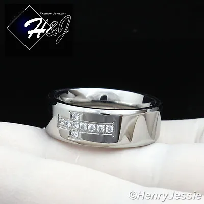 MEN Stainless Steel 8mm Silver Cubic Zirconia Cross Band Ring Size 8-13*R97 • $13.99