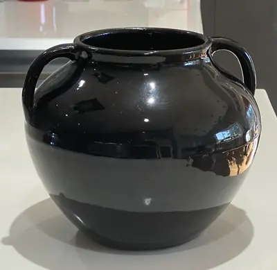 $25 • Buy Vintage Zanesville Stoneware Vase B17 Gloss Black Art Pottery Handled Vase