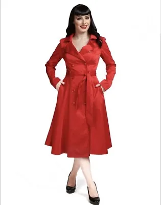 New Collectif Korrina Lipstick Red 50s Swing Trench Coat Pinup Femme Fatale XS 8 • $150