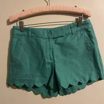 EUC J Crew Green Shorts Scallop Hem Fitted Linen 4 Small S • $9.99