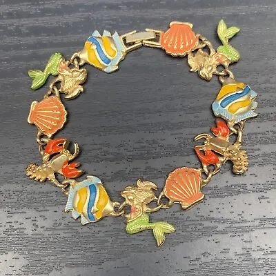 Vintage Beach  Lover Bracelet  7.5” Mermaid Shell Fish Lobster Links ￼ • $14.50