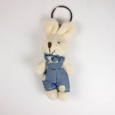 Bunny Rabbit Plush 4  Keychain Backpack Clip Easter Overalls Bowtie White Blue • $4