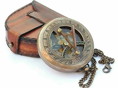 $29.37 • Buy New Brass Sundial Pocket Compass Push Open SteampunK With Leather Case And Chain