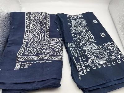 2 Vintage Bandanas Blue All Cotton Color Fast Made In USA RN 13960 Paisley Print • $24.99