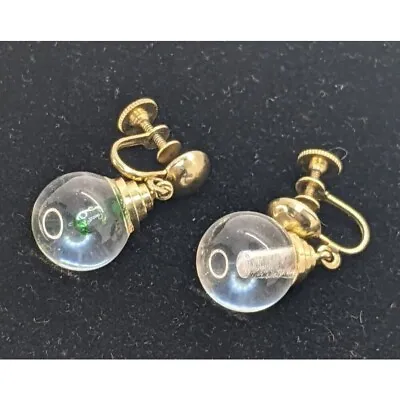 CORO Earrings Screw Back Drop Dangle Mustard Seed In Clear Acrylic Globe • $16