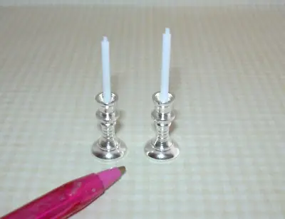 Miniature Pair Sturdy SILVER Candlesticks W/White Candles DOLLHOUSE 1:12 • $5.98