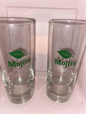 Lot Of 2 ~ 6” Mojito Glasses By Libbey Clear With Green  Mojito  & Mint Leaf~EC • $9.75