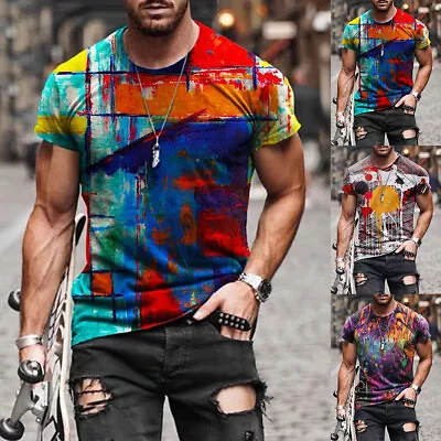 Mens Tie Dye Short Sleeve T Shirt Printed Casual Shirts Tops Size 38 40 42 44 46 • £1.69