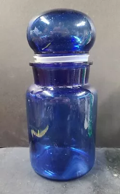 Vintage Belgium Cobalt Blue Glass Apothecary Jar Bottle Bubble Lid 9” • $17.01