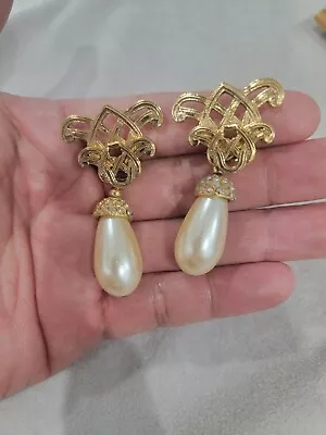 RARE Vintage Signed KIRKS FOLLY Teardrop Pearl Long Dangle Clip Earrings. 2  • $29.99