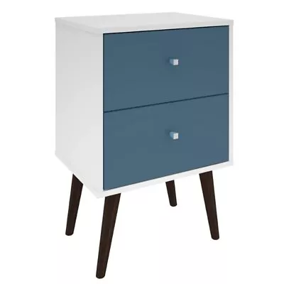 Manhattan Comfort Liberty 2-Drawer Solid Wood End Table In White/Aqua Blue • $107.99