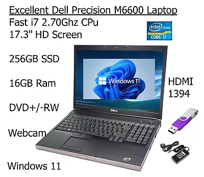 Dell M6600 Fast I7 512GB SSD  16GB Laptop Office Large 17.3  HD New-WINDOWS 11 • £275.95