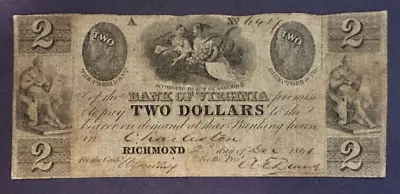 1861 Bank Of Virginia $2 Note Confederate Obsolete Note -- Circulated • $61