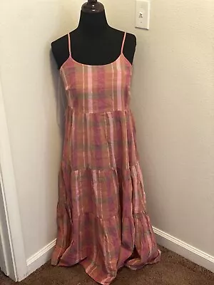 Beach Lunch Lounge Lana Madras Plaid Tiered Midi Linen Sun Dress S NEW $68 • $18.50