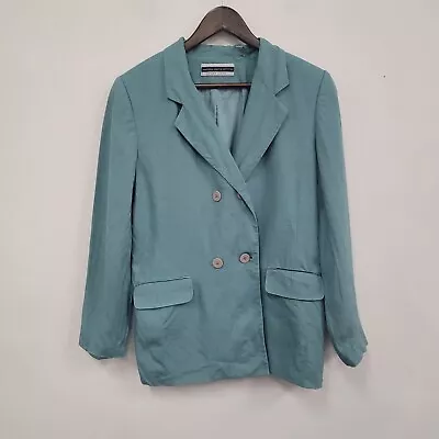 Amanda Smith Petites Womens Linen Blazer Size 12 Petite Blue Double Breasted • $24.88