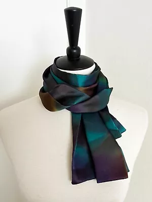 Cynthia Espy 100% Silk Tie Dye Scarf Rectangle 60x10 Aqua Purple Brown Multi • $24.99