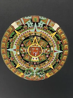 Aztec Mayan Calendar Wall Plaque Enameled Brass On Wood Art Acoxpan • $20