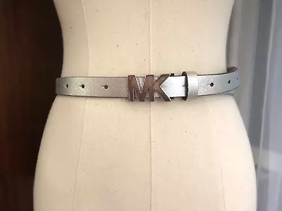 MICHAEL KORS MK Logo Silver Slick Belt Genuine Leather .75  Wide Size M/8 • $28.99