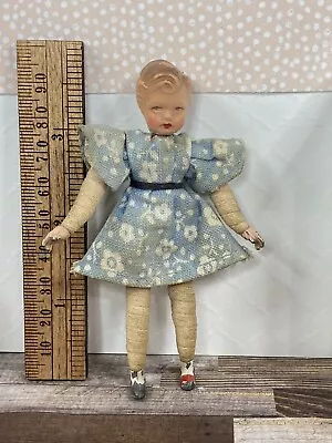 Antique Vintage Caco Germany Girl Dollhouse Doll Metal Hands & Feet Blue Dress • $35