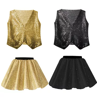 GIRLS Black And Gold Dance Costume SEQUIN Sparkle JAZZ TAP SEQUIN Festival SHOW • £14.99