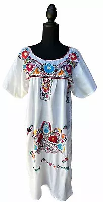 White Oaxacan Maxi Dress Multicolor Hand Embroidered San Antonio Mexican Dress • $28.99